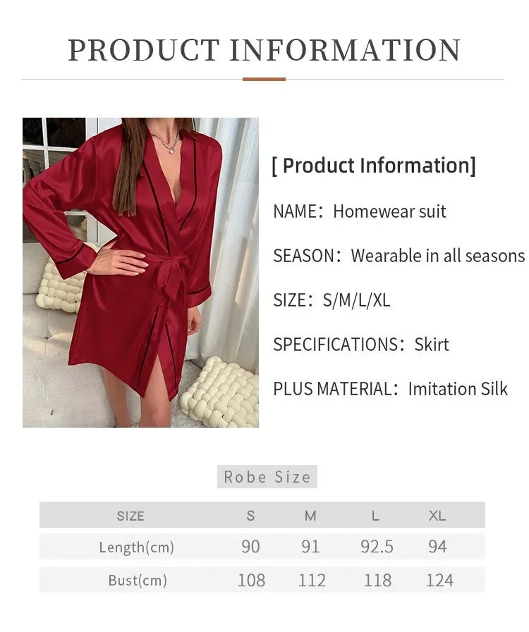 Summer Sleepwear Women Black Satin Nightdress Robe Elegant V Neck Long Sleeve Bathrobe with Belt Pajamas Loungerwear