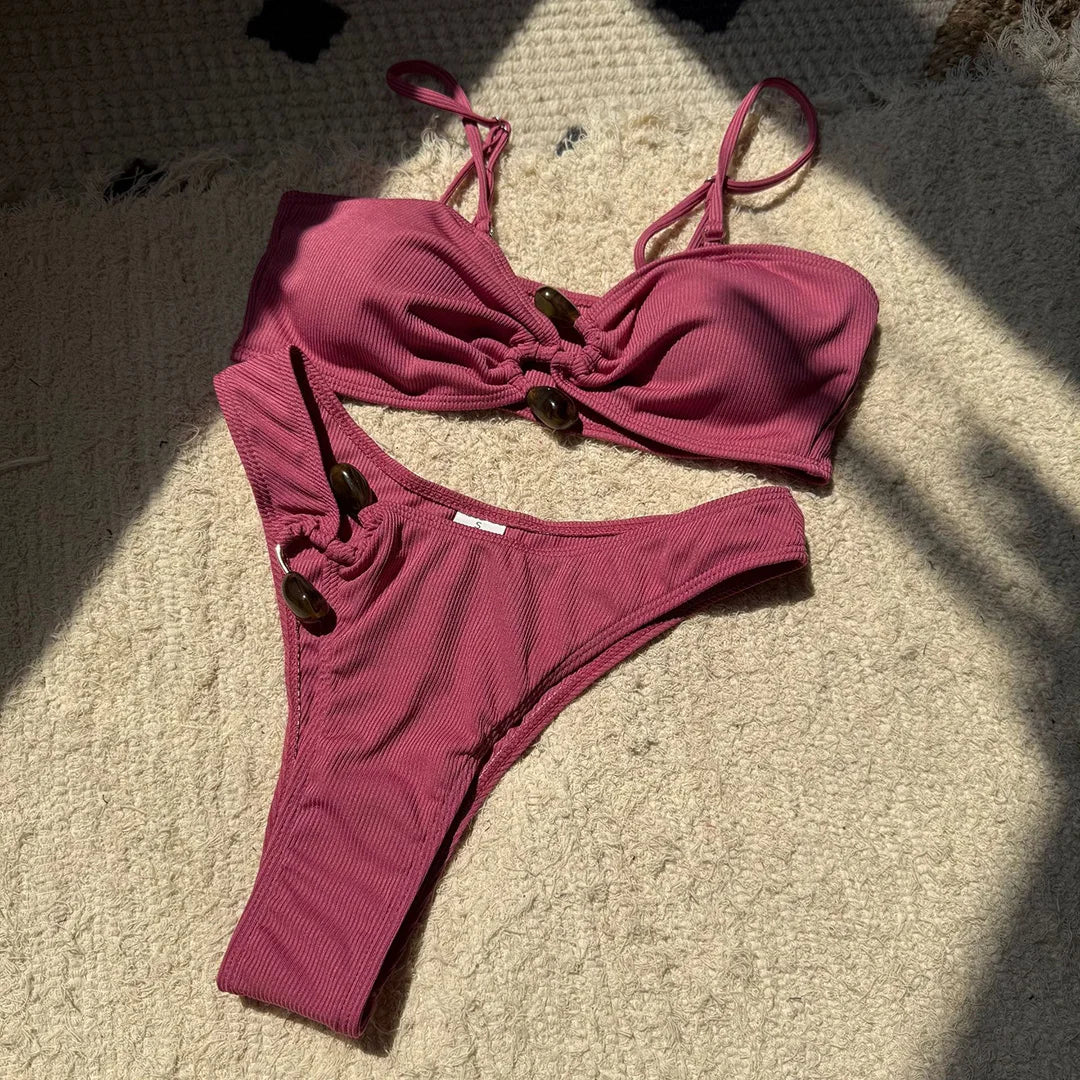New Sexy Ribbed Brazilian Bikini Padded Bathing Suit Bather Swim Female Swimsuit Two-Pieces Bikini Set Women Swimwear V6343R