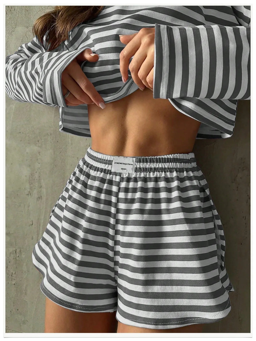 Summer Striped Pajama Sets for Women Sleepwear Long Sleeve Top and Shorts 2 Piece Set Casual Home Wear Loungewear