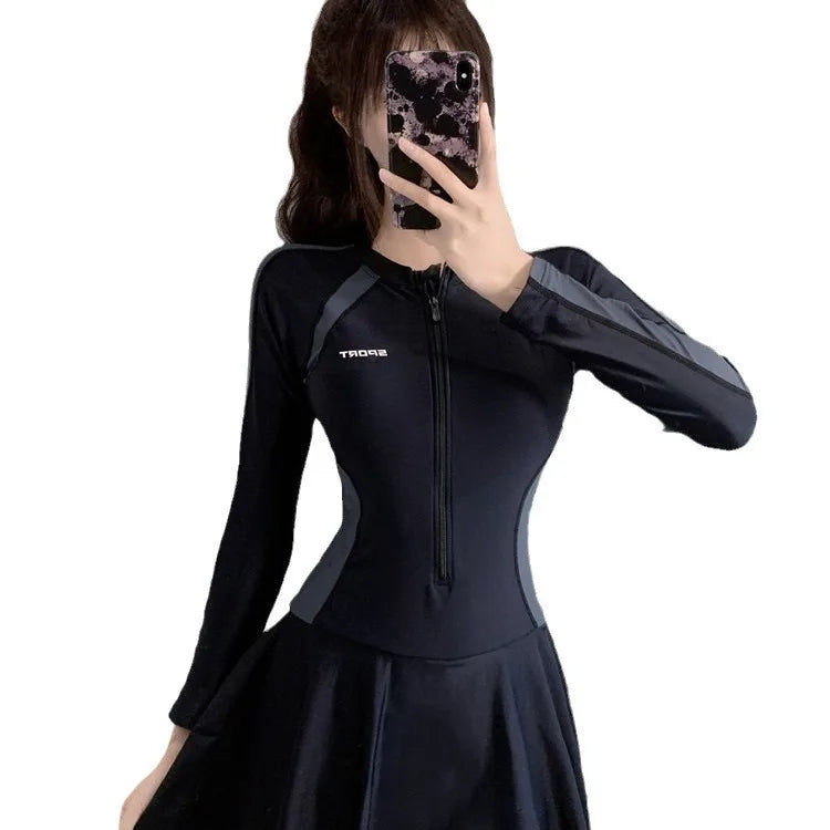 New plus size women's dress one-piece fresh women's swimsuit conservative slim fit long sleeved hot spring swimsuit