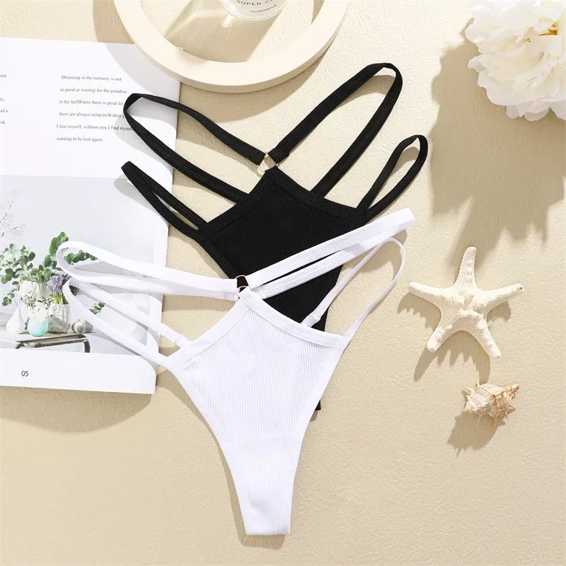 2PCS Women Sexy Cotton Panties Two Belts Hollow Out G-String Thongs Breathable Underwear for Female Solid Color Lingerie S-XL