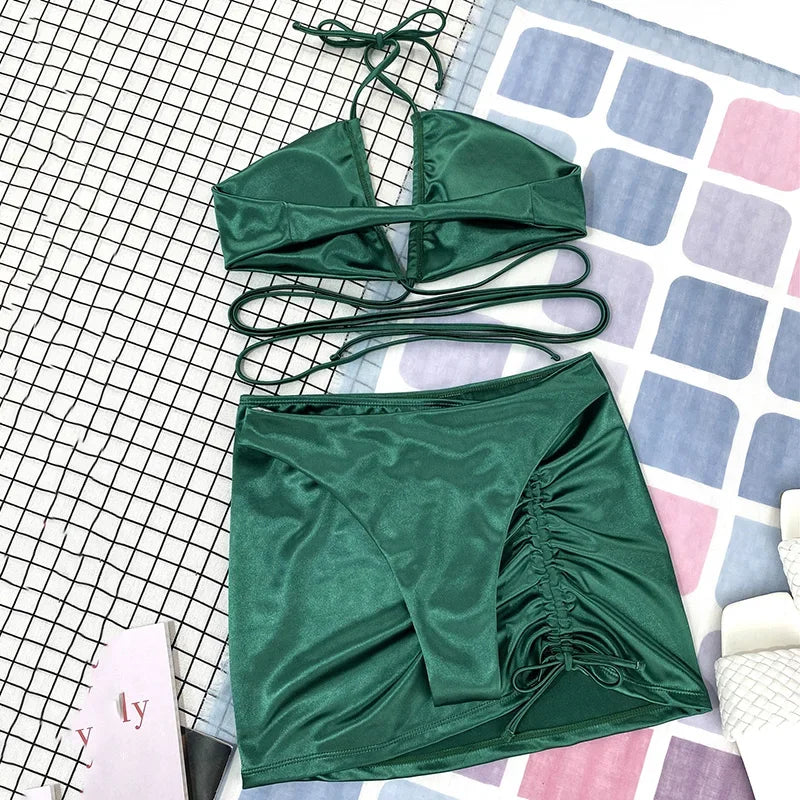 Wrap Around with Mesh Sarong Skirt Bikini Female Swimsuit Women Swimwear Three-pieces Bikini Set Beachwear Bathing Suit Swim