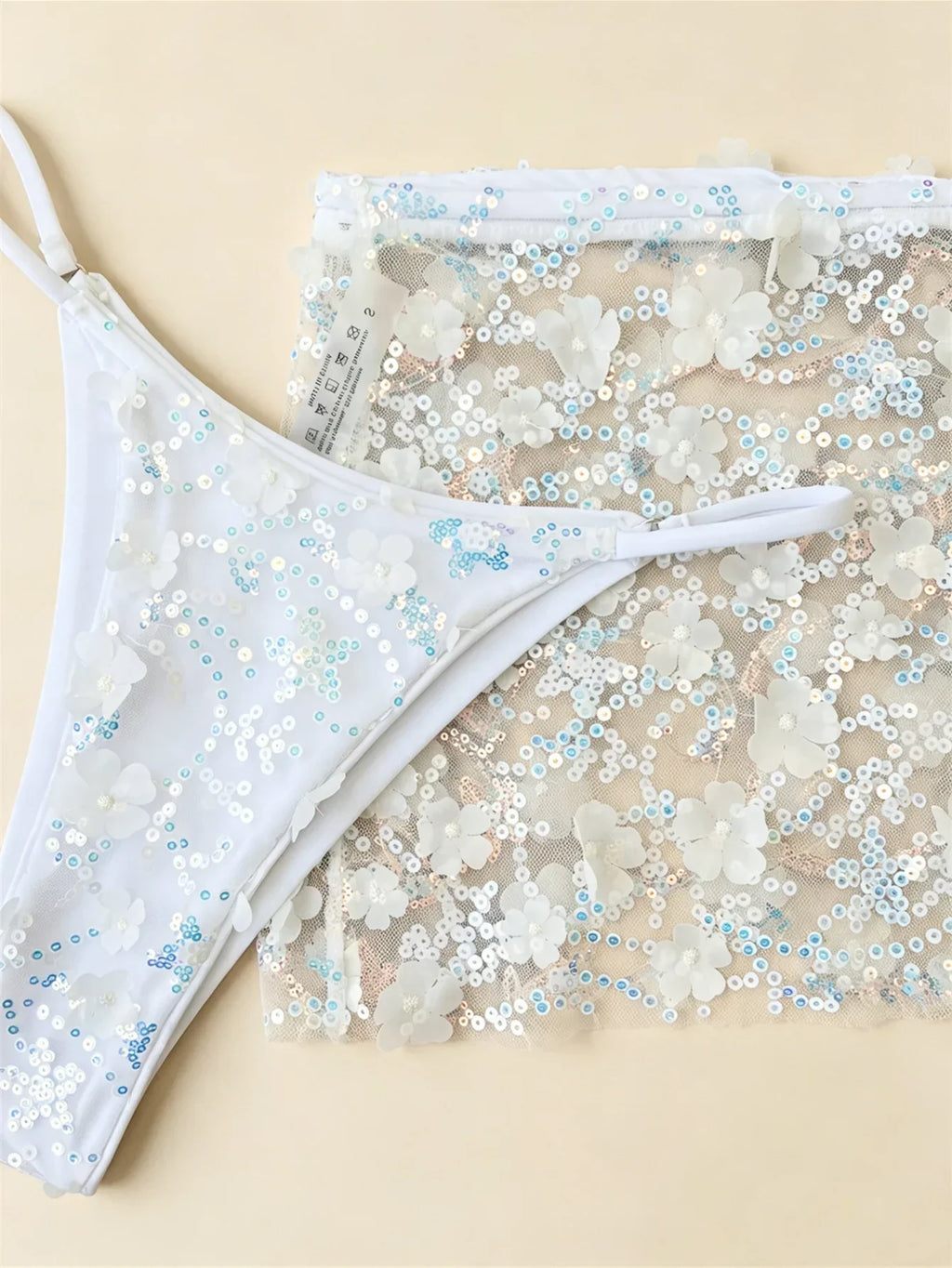 Sexy Shiny Sequin Blue White Bikini Set Women 3D Mesh Flower Cover Up 3 Piece Thong Swimsuit Beach Holiday Bathing Suit Swimwear