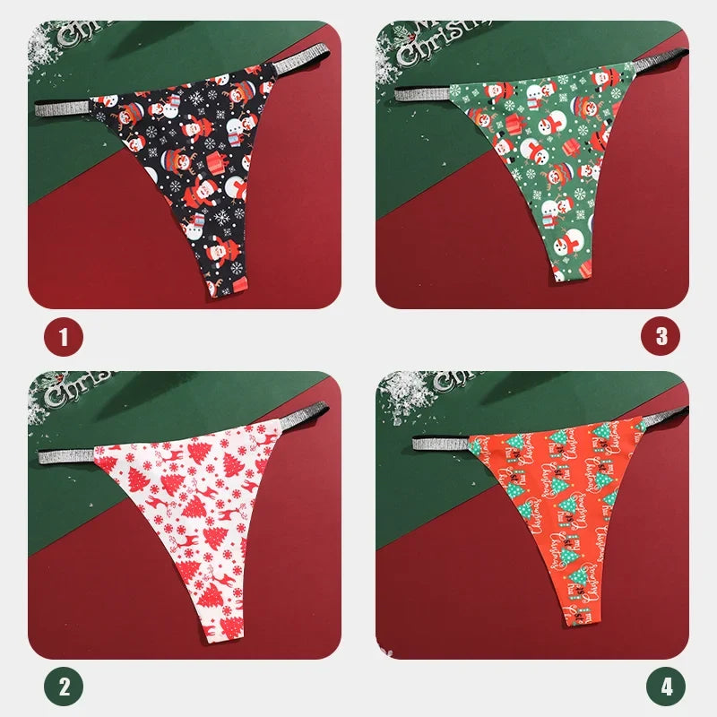 4Pcs Christmas Print Underwear Breathable Shiny Belt Thong Women Skin-friendly Fashionable Casual Christmas Gifts