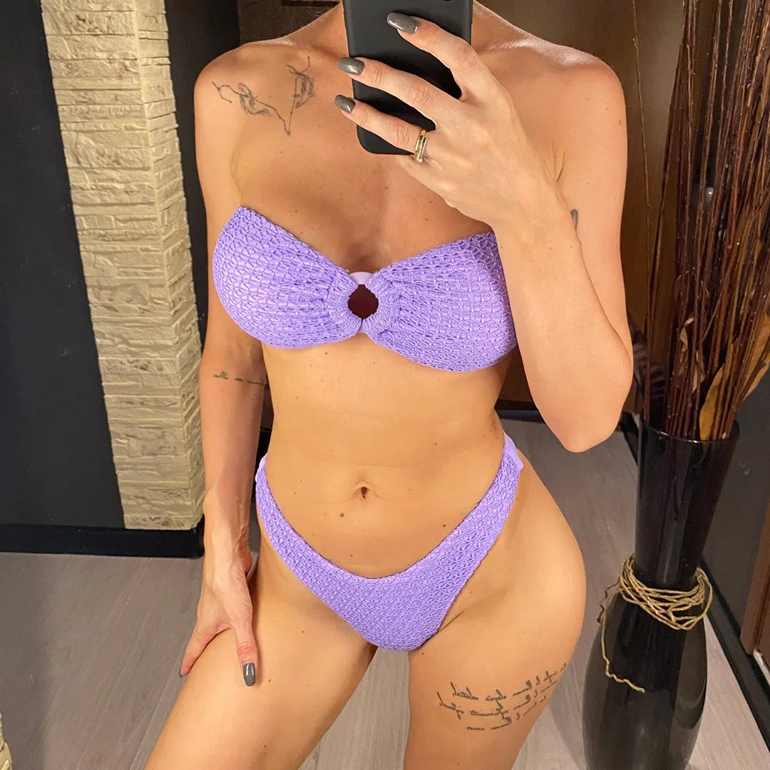 Sexy Wrinkled Bandeau Strapless Bikini Women Swimwear Female Swimsuit Two-Pieces Bikini Set Bather Bathing Suit Swim Lady V3367L