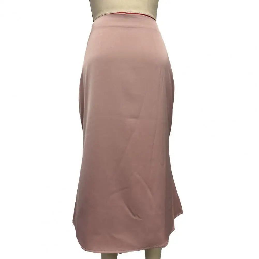 Satin-Like Shiny Skirt Women Midi Skirt High Waist Solid Color Mid-calf Length Skirt Soft Breathable Fabric Work Skirts