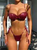 PU Faux Leather Underwired With Bra Cup Bikini Women Swimwear Female Swimsuit Two-Pieces Bikini Set Bather Bathing Suit V5221