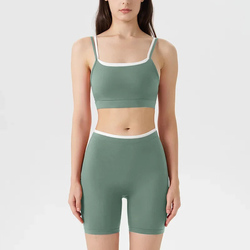 Women's 2-piece Yoga Set Fake Two-Piece Color-Block White Stripe Camisole Running Sports Bra Shorts Yoga Outfit Set