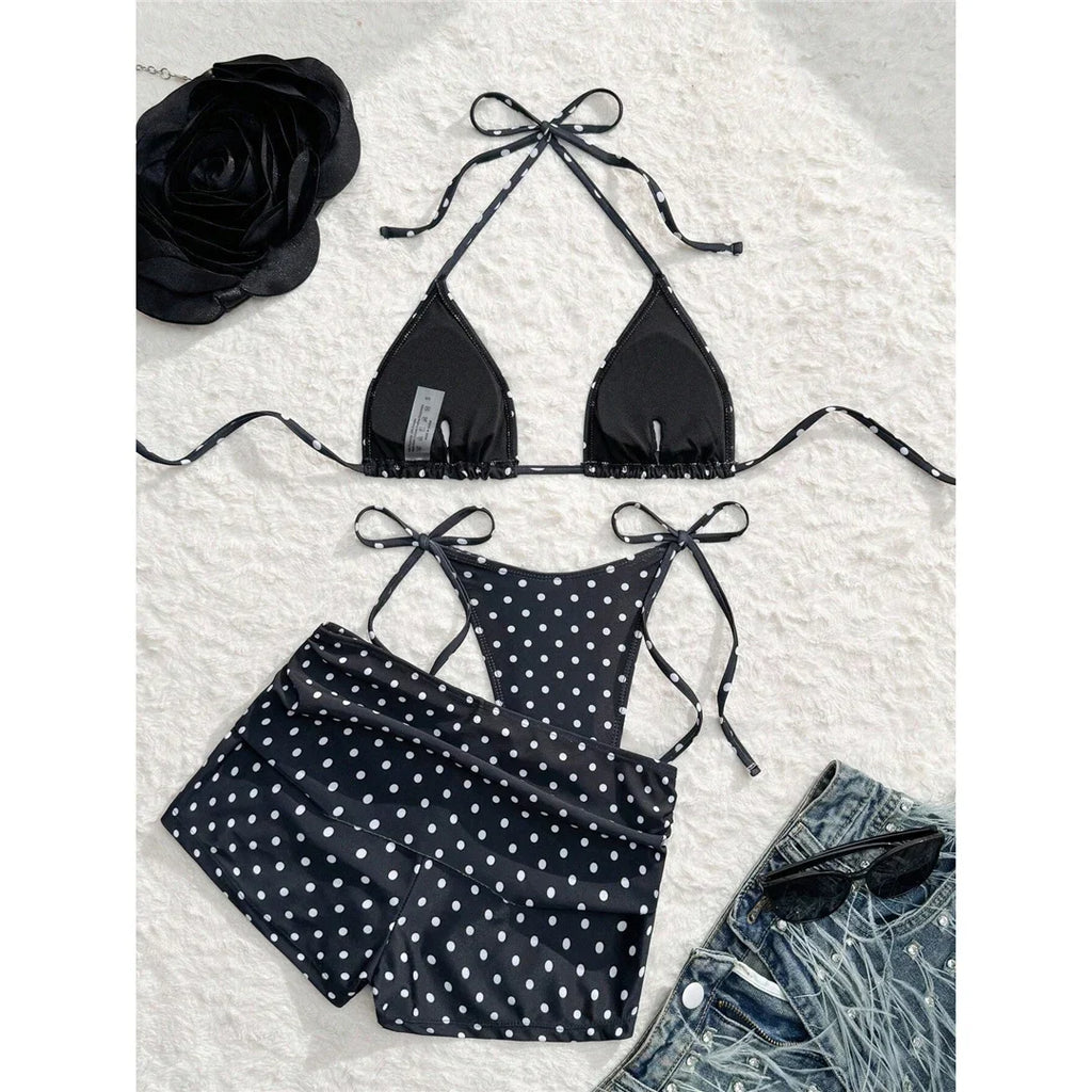 S - XL With Shorts Polka Dot Halter Bikini Female Swimsuit Women Swimwear Three-pieces Bikini Set Bather Bathing Suit Swim V8292