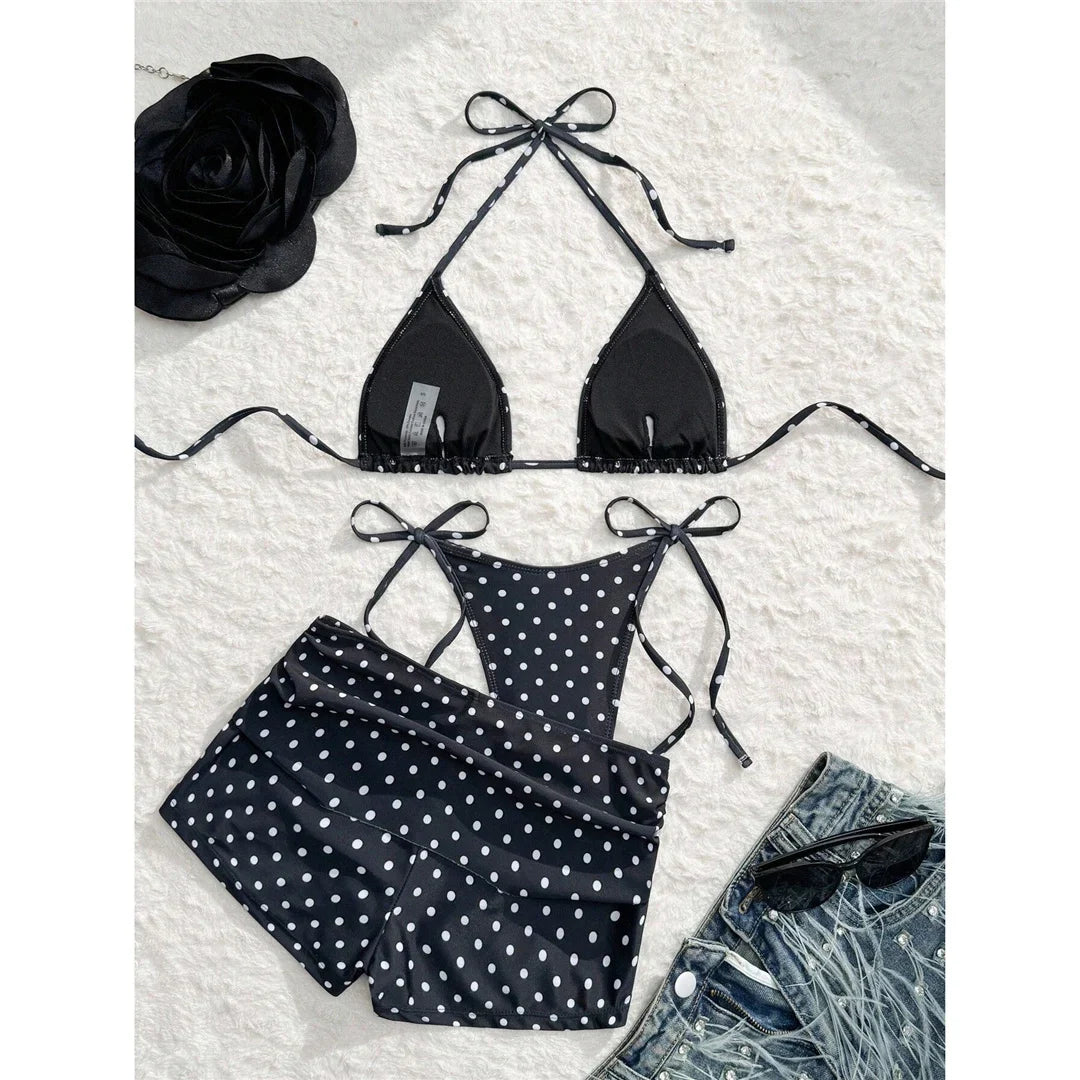 S - XL With Shorts Polka Dot Halter Bikini Female Swimsuit Women Swimwear Three-pieces Bikini Set Bather Bathing Suit Swim V8292