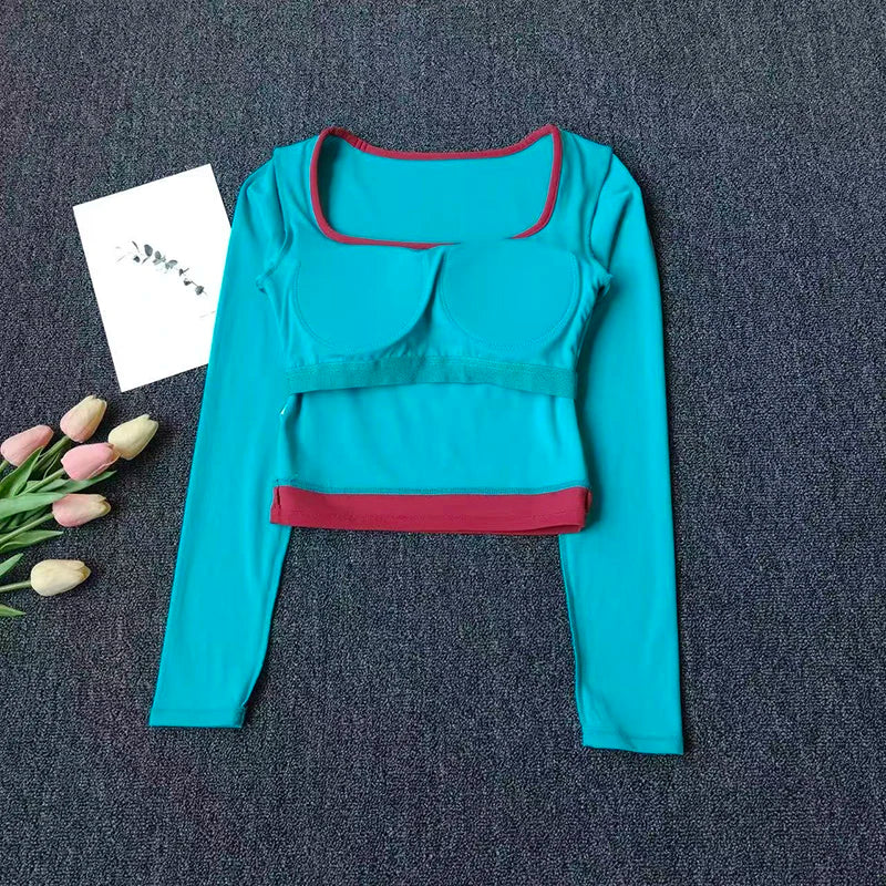 Autumn New Contrasting Yoga Suit for Women with Chest Pad Top Slim and Slim Pilates Running Sports Fitness Long Sleeves Shirts