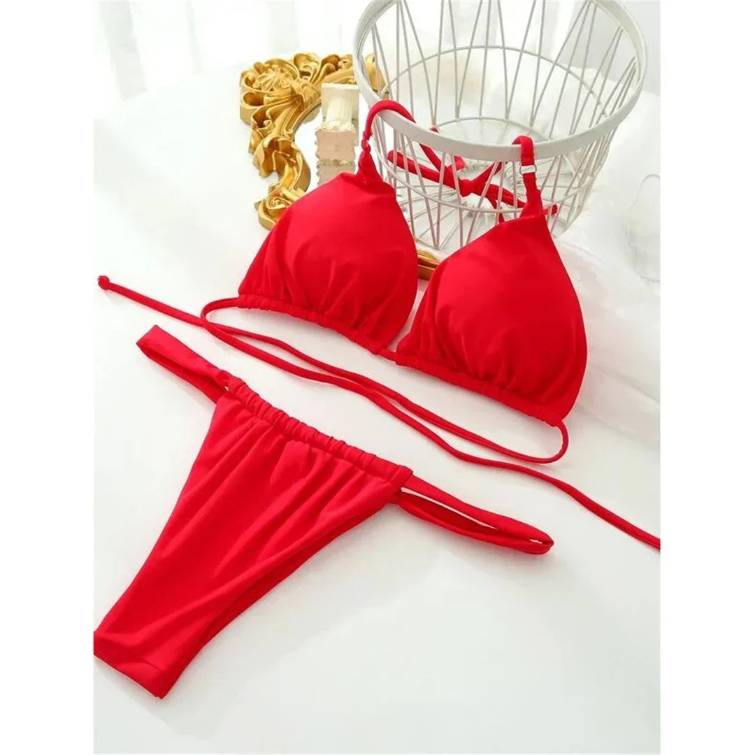 PU Pleated Ruched Bikinis Mini Micro Thong Bikini Women Swimwear Female Swimsuit Two-pieces Bikini Set Halter Bathing Suit Swim