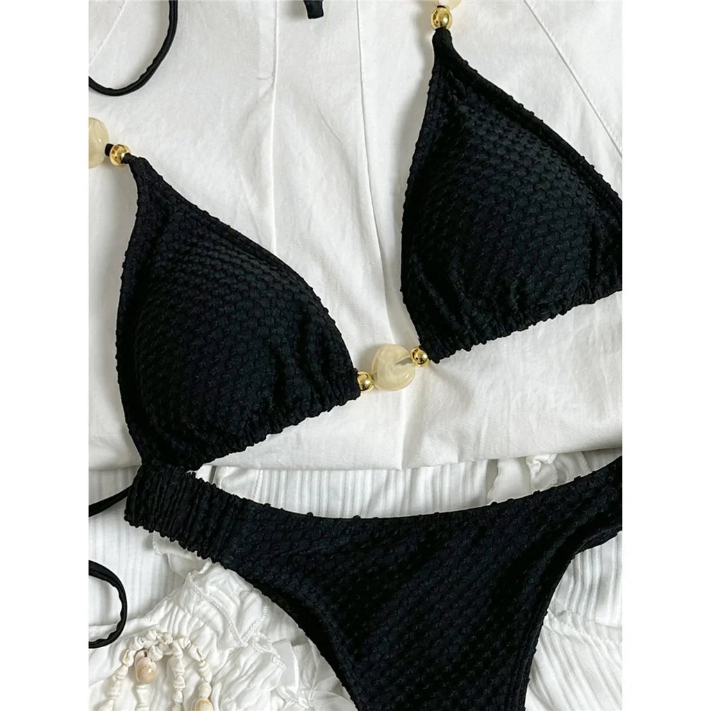 Wrinkled Crinkled Halter Bikini Female Swimsuit Women Swimwear Two-pieces Bikini set Brazilian Bather Bathing Suit Swim V8134