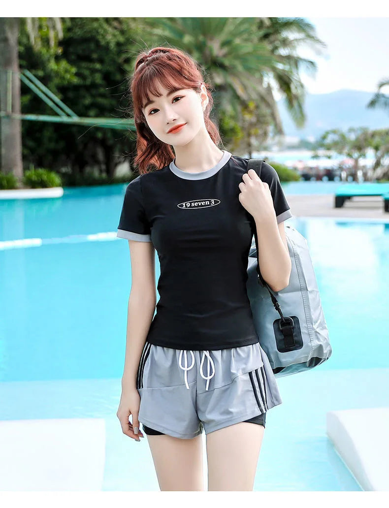 Split Swimsuit Women's Short Sleeved Conservative Cover Belly Slimming Professional Sports Sexy Hot Spring Two-piece Swimsuit