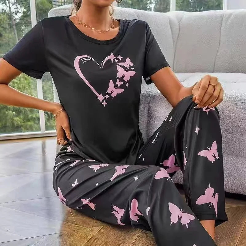 Women's Home Clothes Suit Heart Print Pajamas Set Soft Comfortable Crew Neck Tops & Pants Pyjama Femme Sleepwear for All Seasons