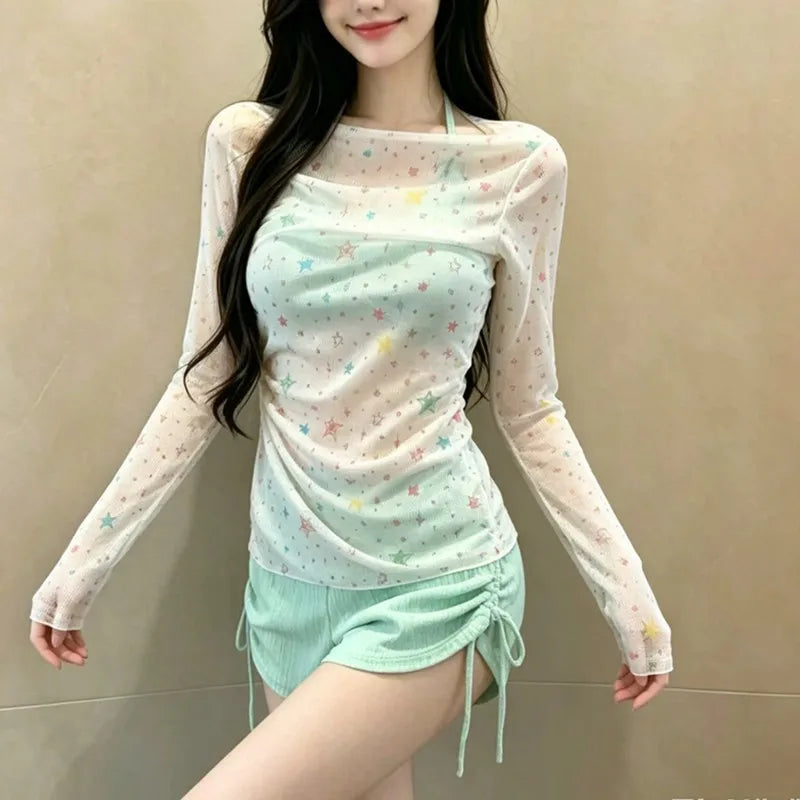 New Sweet Long Sleeve Dot Print Cover Up 3 Piece Bikini Set 2026 Swimwear Women Push Up Bra Drawstring Side High Waist Swimsuit
