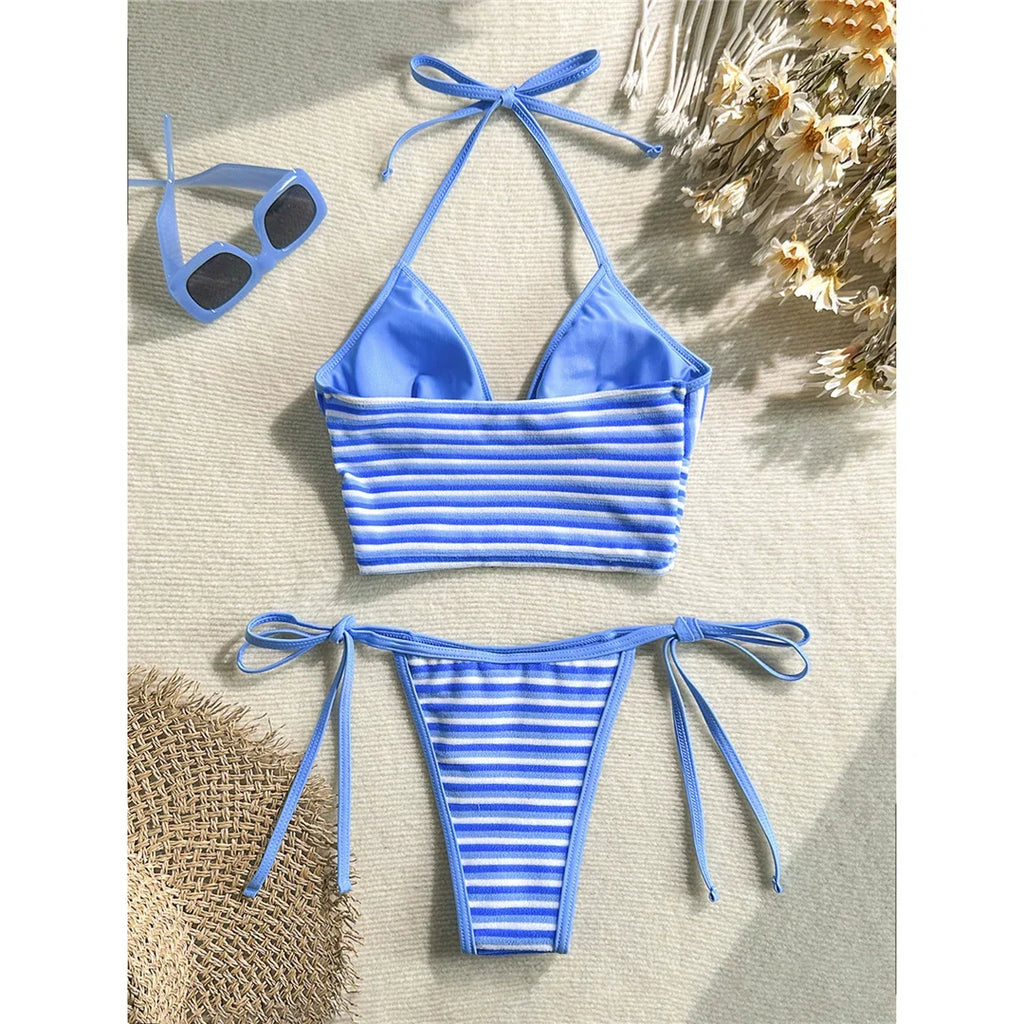 Striped Halter Tankini V Neck Bikini Women Swimwear Female Swimsuit Two-Pieces Bikini Set Padded Bather Bathing Suit Swim V8385
