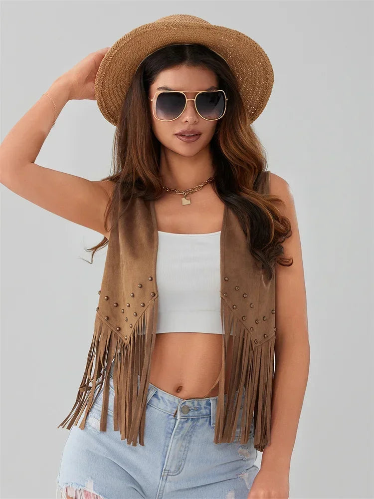Women Riveted Tassel Vest Coat Sleeveless Cardigan Tops Coat Summer Casual Waistcoat Gilet