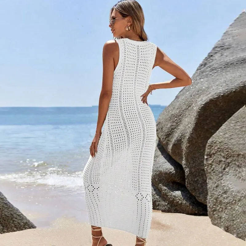 S - XL 2025 V Neck Hollow Out Crochet Knitted Tunic Beach Cover Up Long Cover-ups Beach Dress Beach Wear Beachwear Female Women