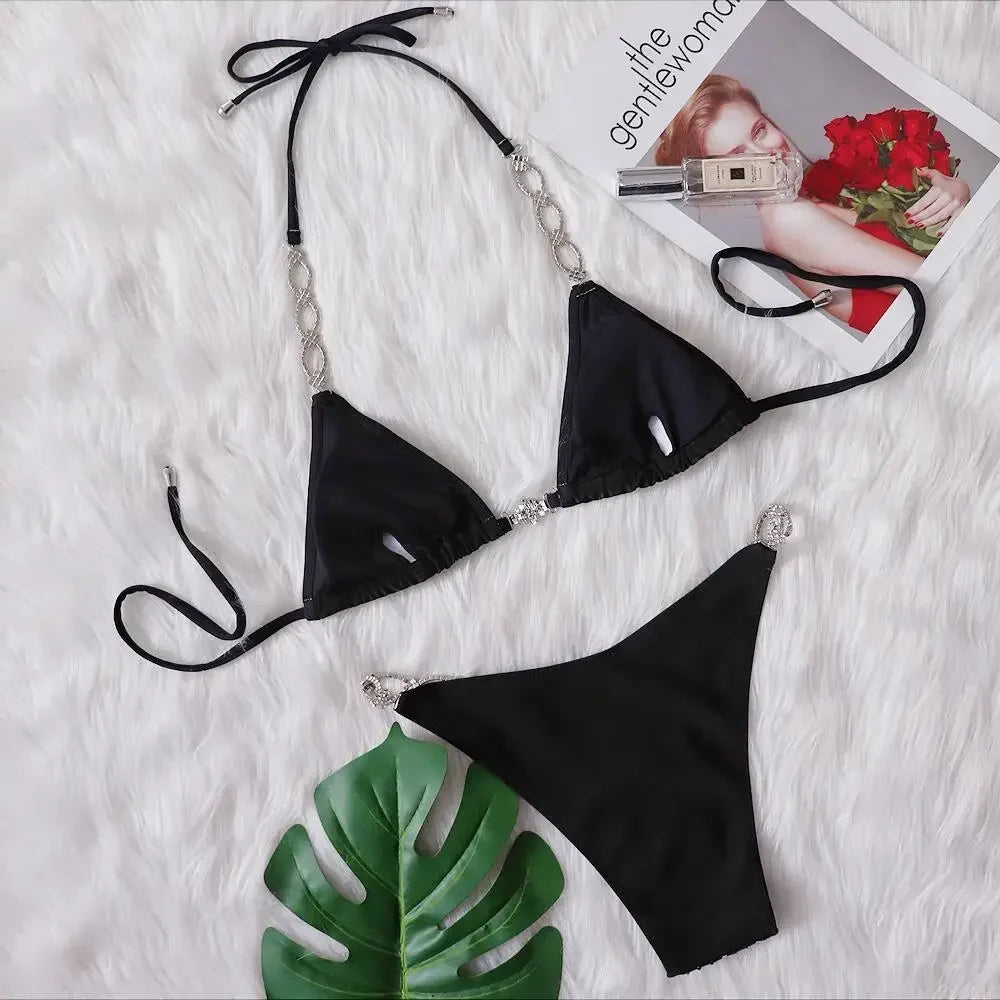 6 Colors Sexy Bikini Women Hollow Rhinestones Chain Halter Swimwear Swimsuit Bikinis Set Bathing Suit Beach Bikini Luxe Female