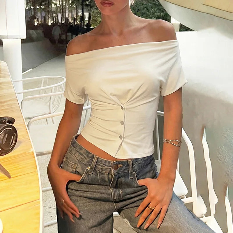FDYOUI Fashion Casual Swinging Collar T-shirts Y2K Woman Clothes Short Sleeve Buttons Corset T Shirt Ladies Solid Crop Tops Tees