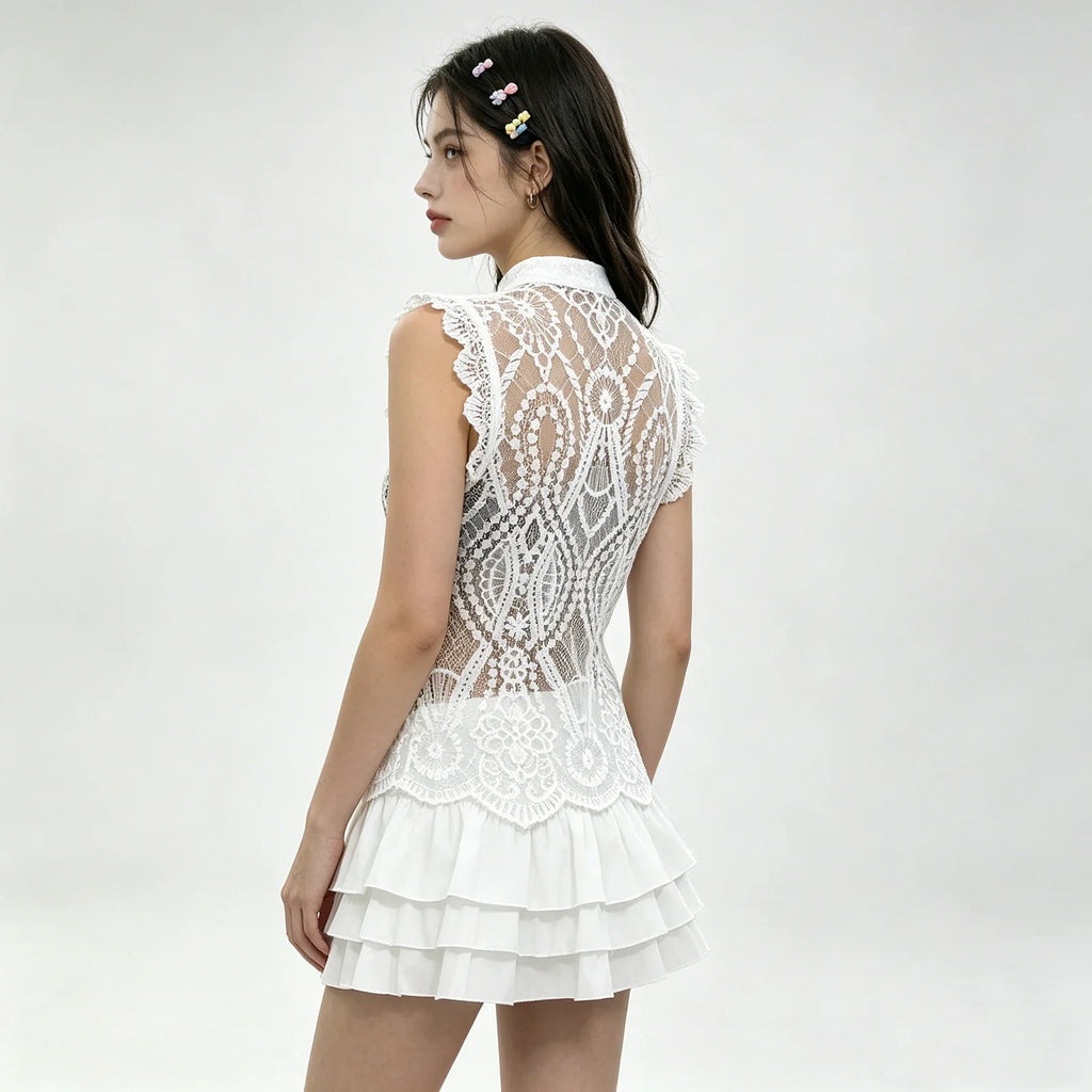 Women's Solid Color Lace Tank Tops Mandarin Collar Sleeveless Frog Buttons Summer Vest