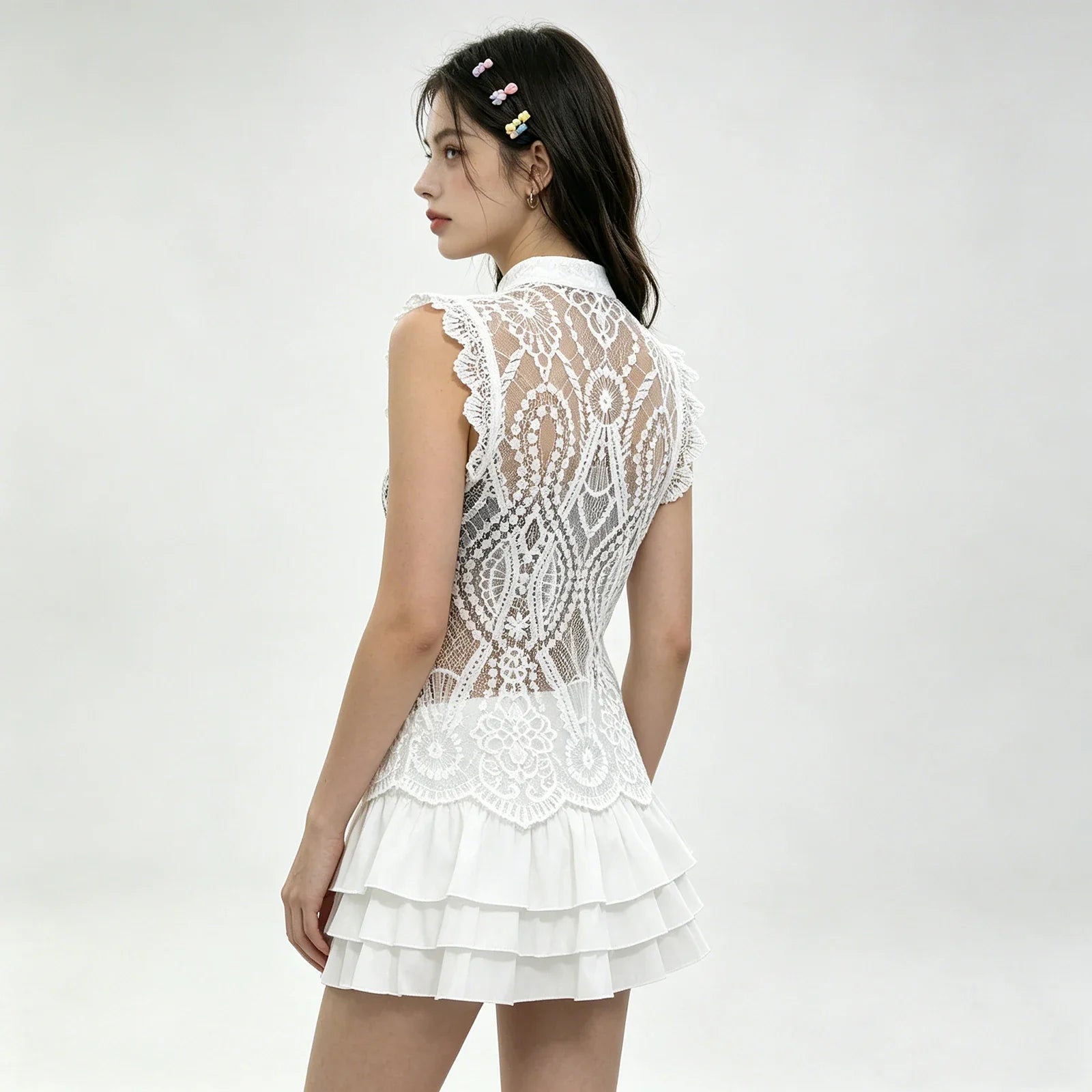 Women's Solid Color Lace Tank Tops Mandarin Collar Sleeveless Frog Buttons Summer Vest