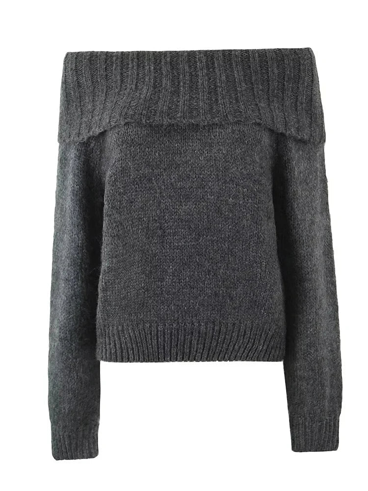 Foridol Slash Neck Dark Grey Mohair Women Sweater Pullover Femme Casual Loose Trendy Style Autumn Winter Knitted Pullover