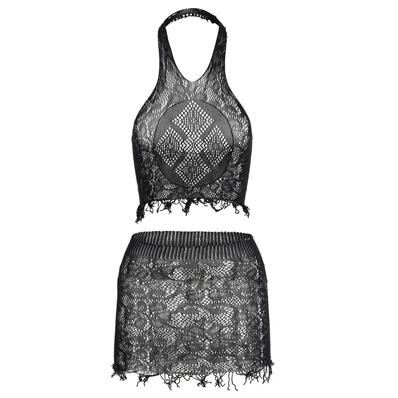 1 Set Sexy Women Fishnet Cover Ups Hollow Out Bodycon Women's Swimwear See through Tassel Dress without Bikini Beachwear