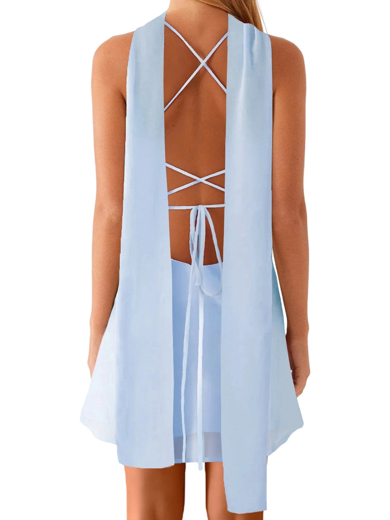 Women Fashion Floral Print/Solid Color Sleeveless Back Bandage Cami Dresses Summer Backless Mini Dress with Choker Scarf