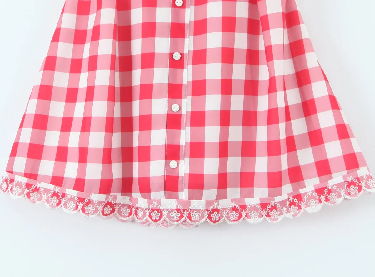 Foridol Plaid Printed Red Women's Dresses White Cotton V Neck Short Party Summer Dress New in Vintage Beach Mini Dress