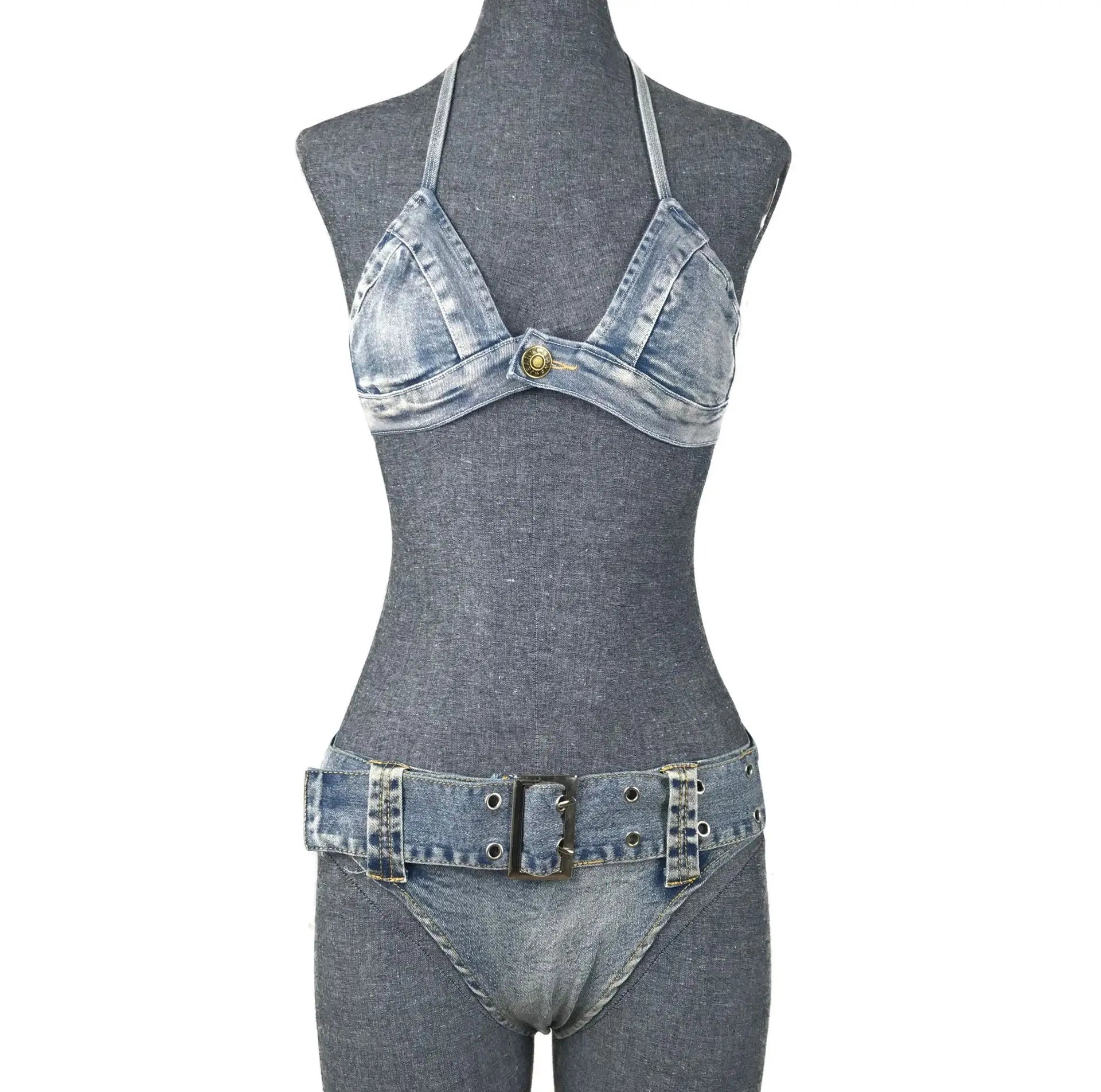DEKA Women Beach Wear 2 Piece Set Denim Bikini SetThong Low Waist Swimsuit Push Up Swimwear Jeans Bathing Suit Halter Biquini