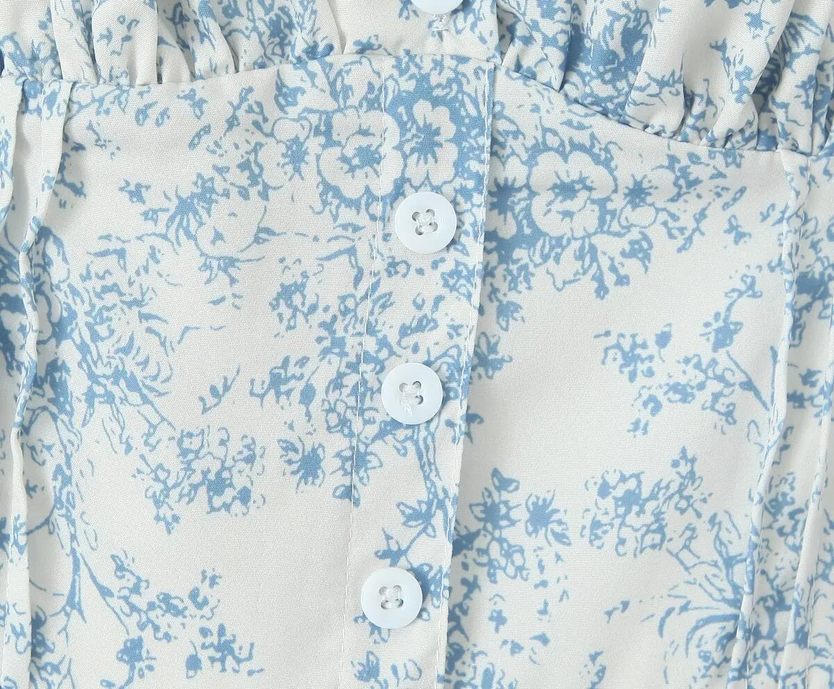 Bowknot Printed Women's Dresses Summer Casual Beach Strap Midi Dress Female Boho Light Blue Buttons Smocked Vestidos 2025