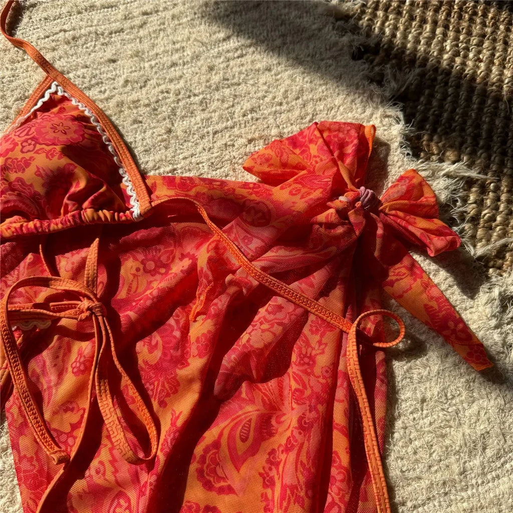 With Sarong Printed Halter Bikini Women Swimwear Female Swimsuit Three-pieces Bikini set Padded Bather Bathing Suit Swim V6966