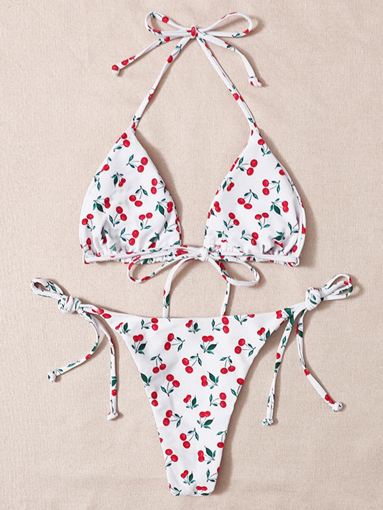 With Mesh Skirt Cherry Printed Bikini Female Swimsuit Women Swimwear Three Pieces Bikini Set Halter Bathing Suit Swim Beachwear