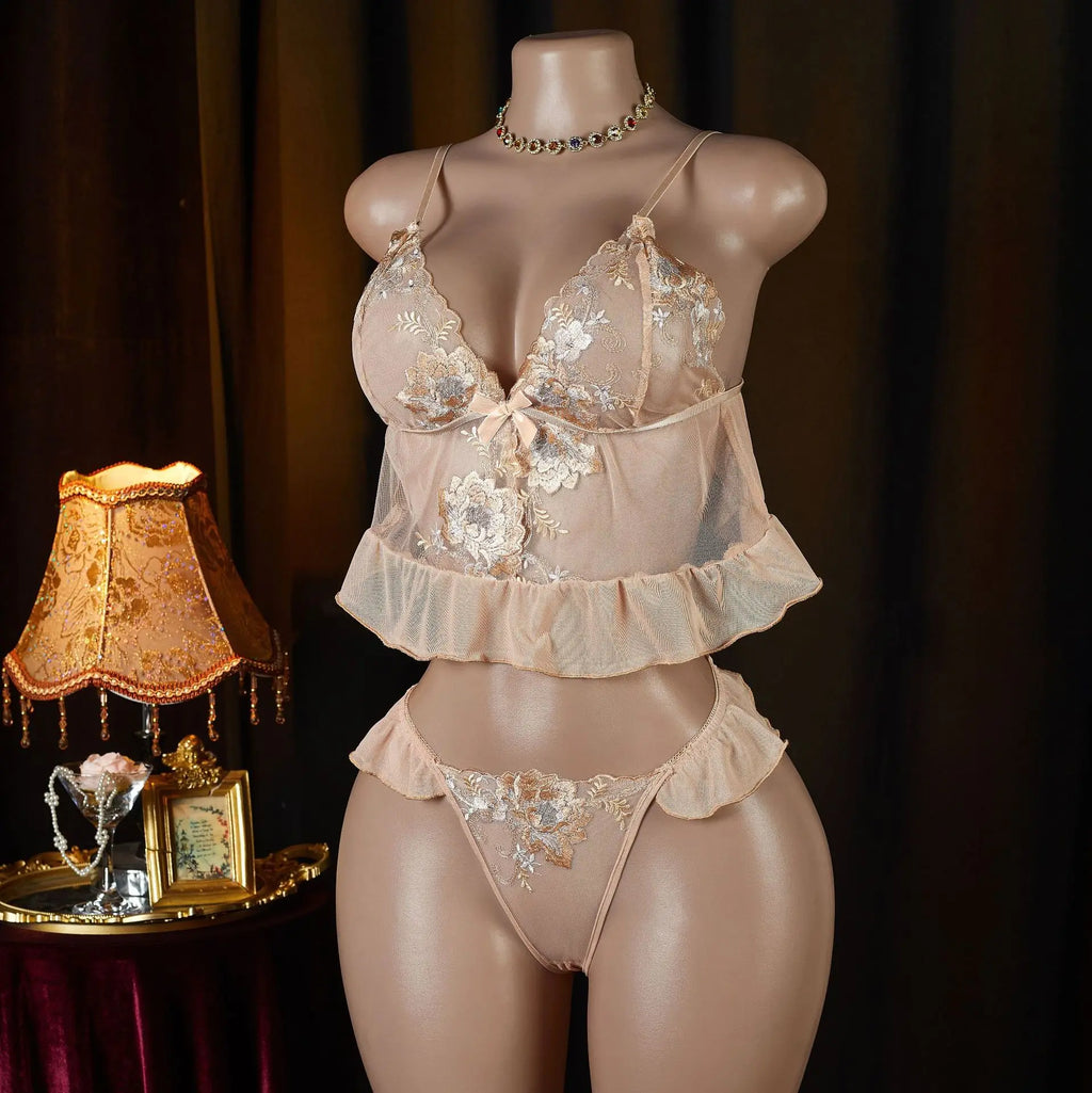 Floral Embroidery Lace Lingerie Set Sexy Women Sheer Mesh Ruffle Trim Cami Top And Panty 2 Piece Sleepwear