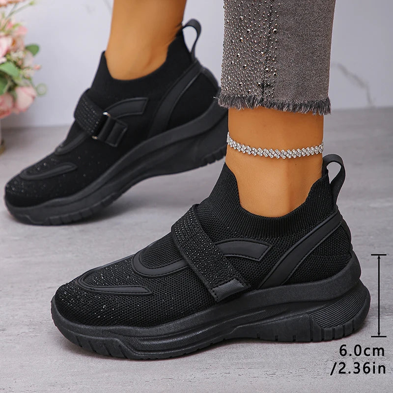 Shiny Crystal White Platform Sneakers Women Comfort Knitted Breathable Walking Shoes Woman Casual Non-Slip Sport Shoes Ladies