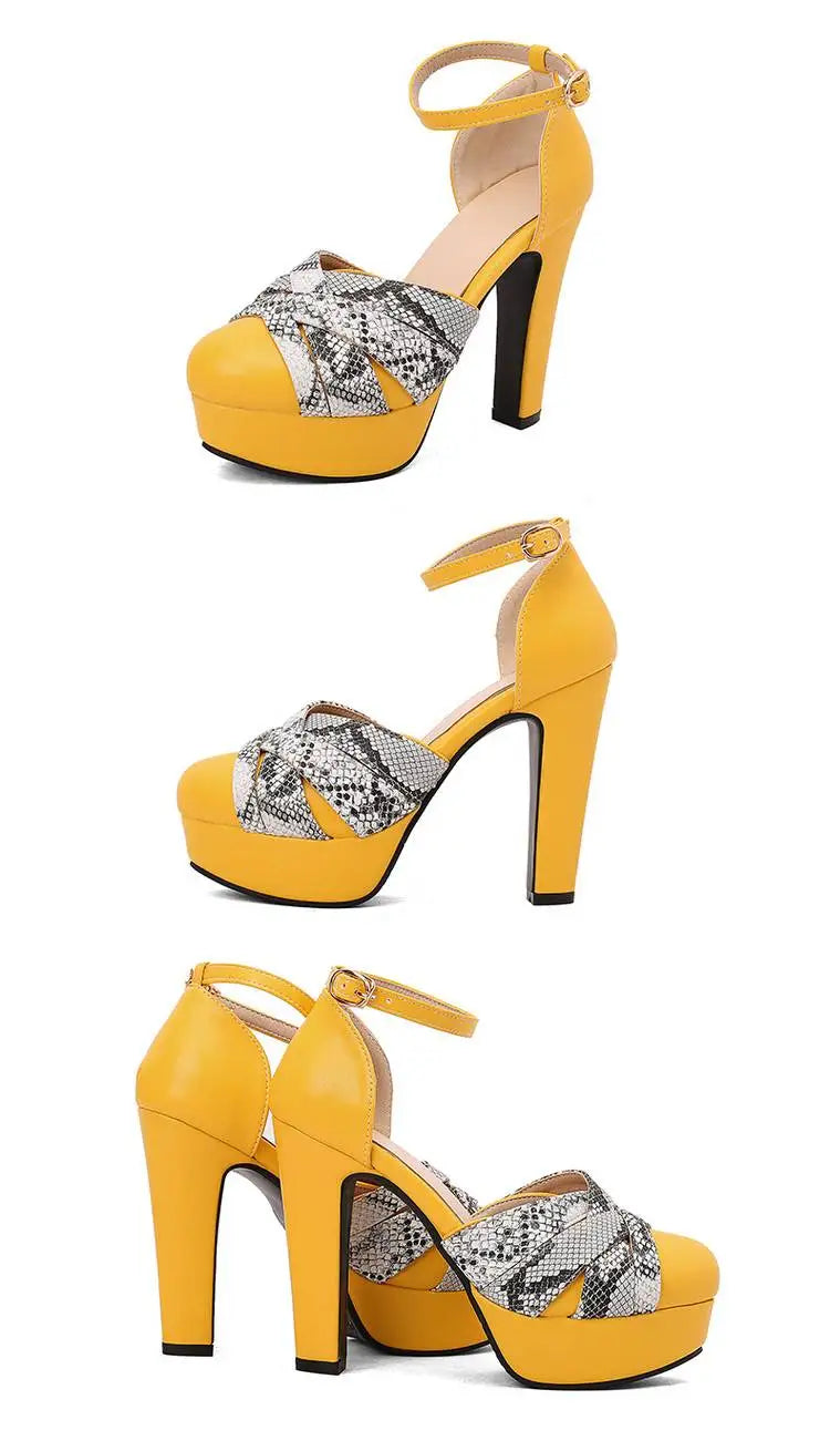 Summer New Style Fashion High-heeled Exposed Toes Women's Sandals Party Color Blocking Buckle Strap Square Heel Women's Sandals