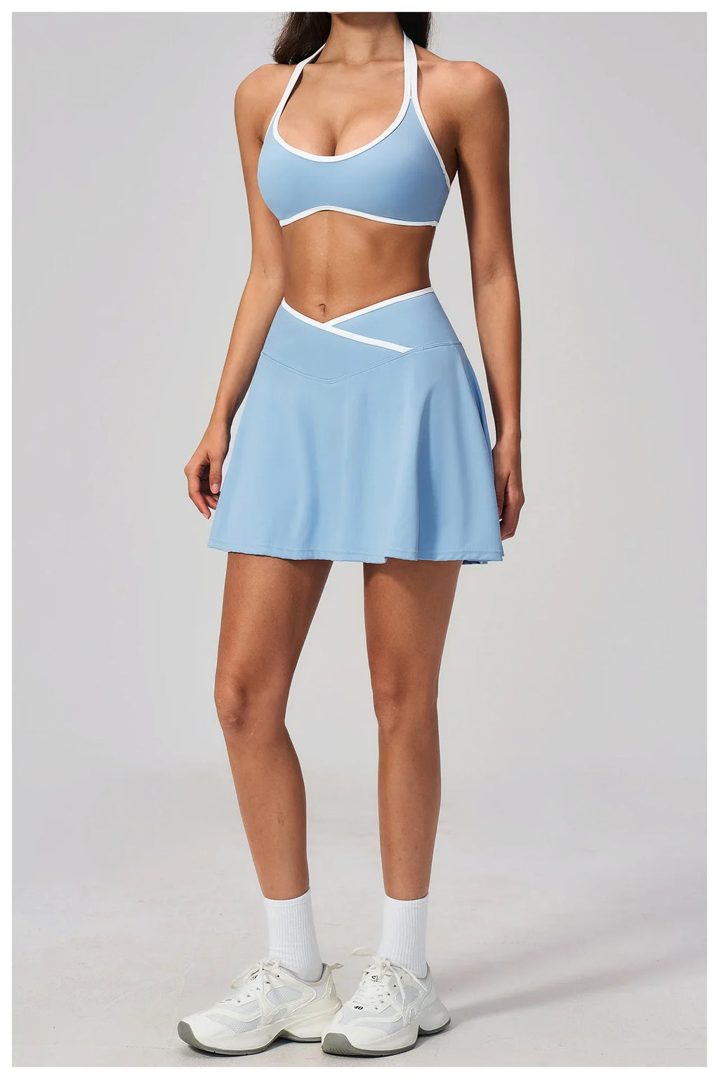 Summer New Outdoor Breathable Yoga Sets Women Color Block Shockproof Sports Bra Tennis Pleate Skirt Gym Workout Fitness Suits