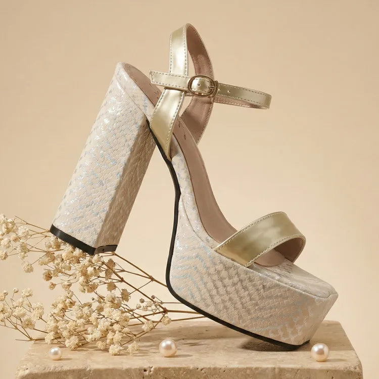 Silver Women Sandals Square Toe 12.5cm High Heel 4.5cm Platform Buckle Strap Large Size 43 44 45 46 Sexy Dating Shoes
