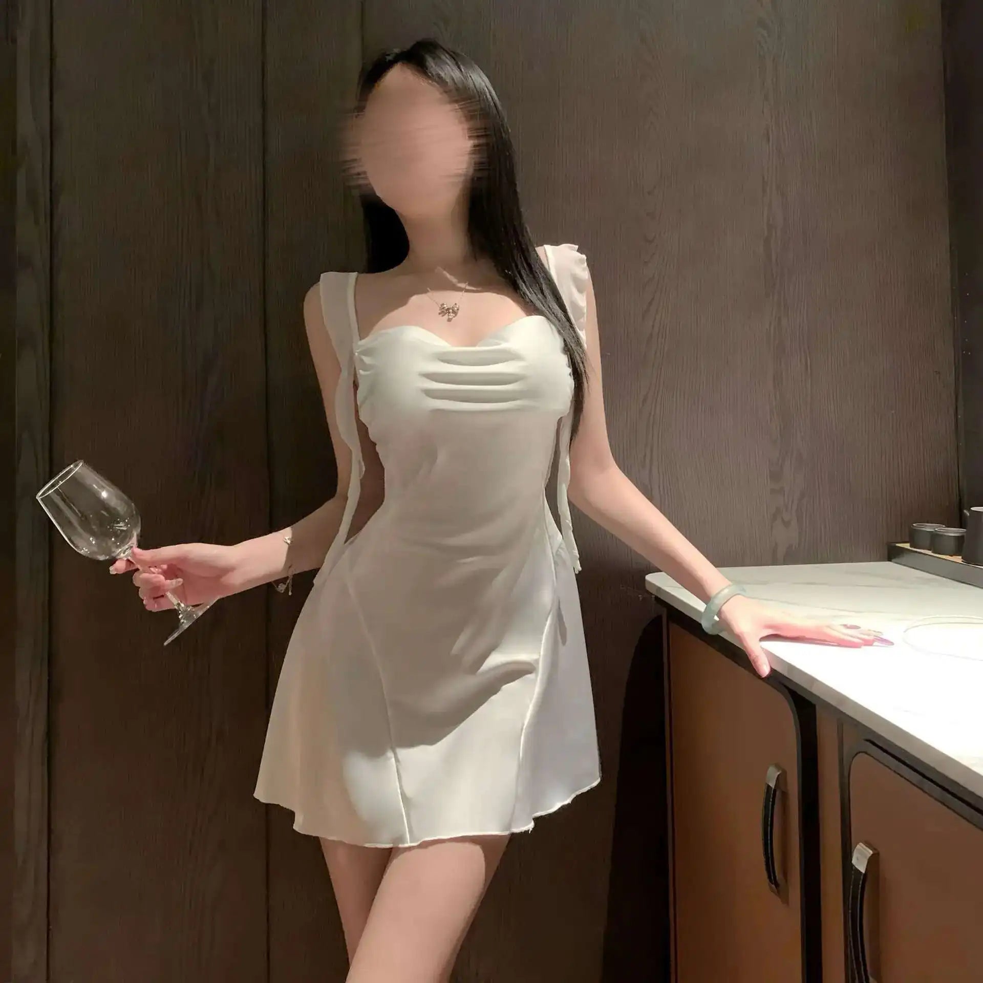 New girls' suspender pink chiffon patchwork satin lace nightclub new sexy slim fit nightgown home satin uniform qqny dress E7BX