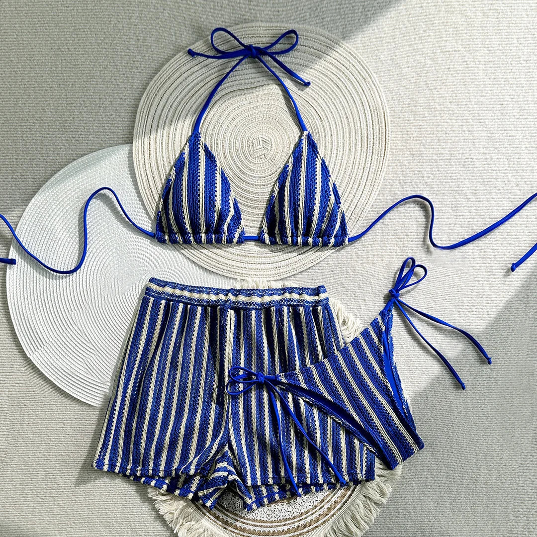 With Shorts Striped Halter Bikini Female Swimsuit Women Swimwear Three-Pieces Bikini Set Padded Bather Bathing Suit Swim V7159