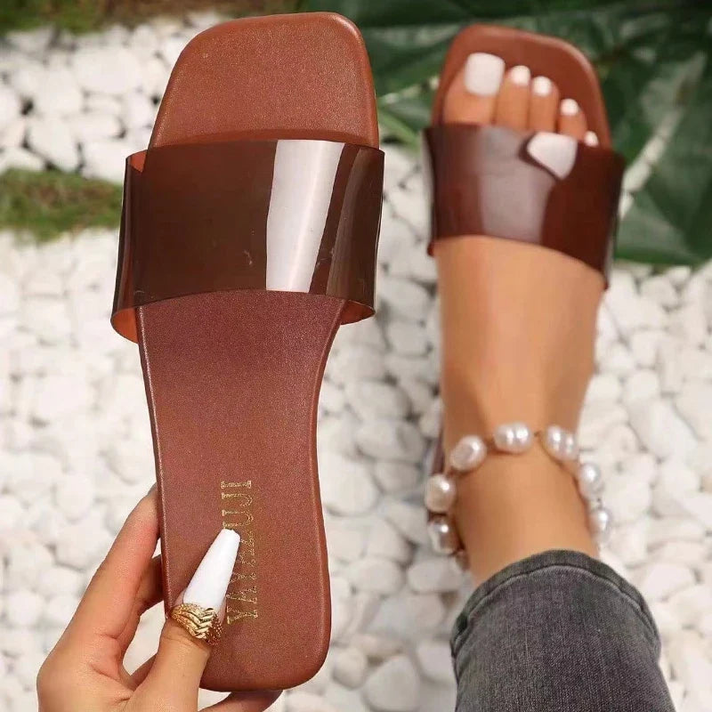 Women Fashion Sandals 2026 New Summer Flat Shoes Square Toe Slip-on Girls Indoor Street Slippers Plus Size Beach Slides