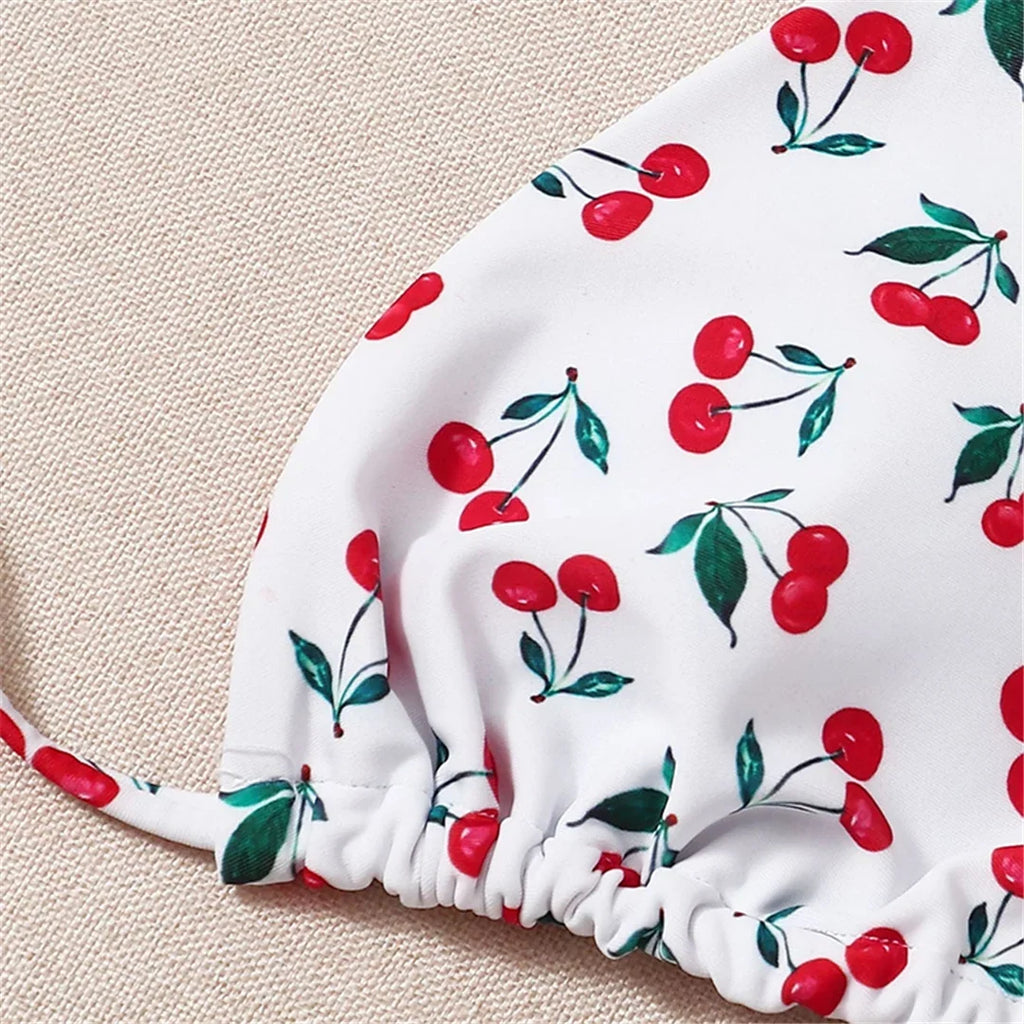 XS - L Cherry Printed Halter Strappy Bikini Female Swimsuit Women Swimwear Two-Pieces Bikini Set Bather Bathing Suit Swim V4894