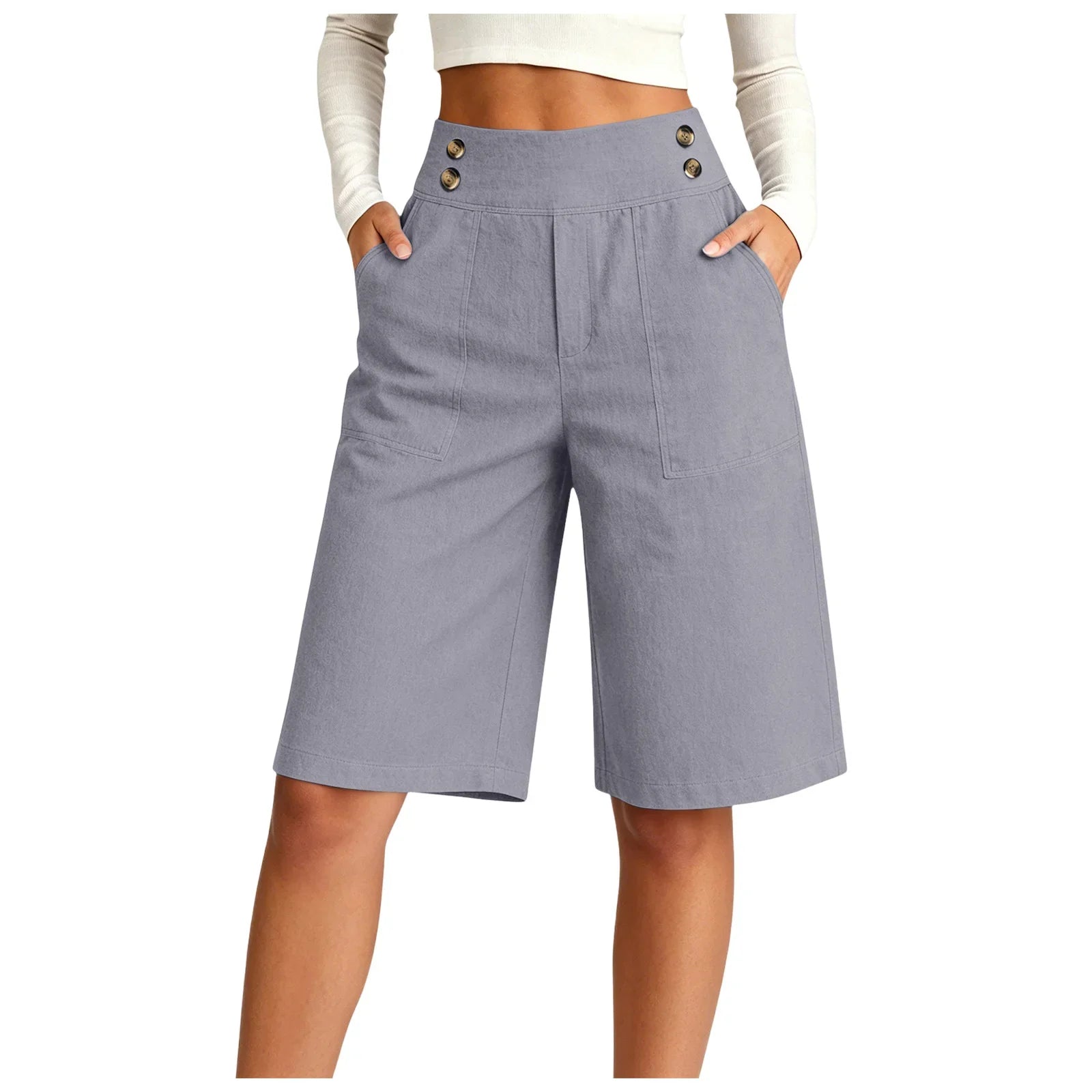 Women's High Waist Cotton Linen Bermuda Shorts Double Breasted Wide Leg Casual Shorts With Pockets Loose Fit Office Summer Short