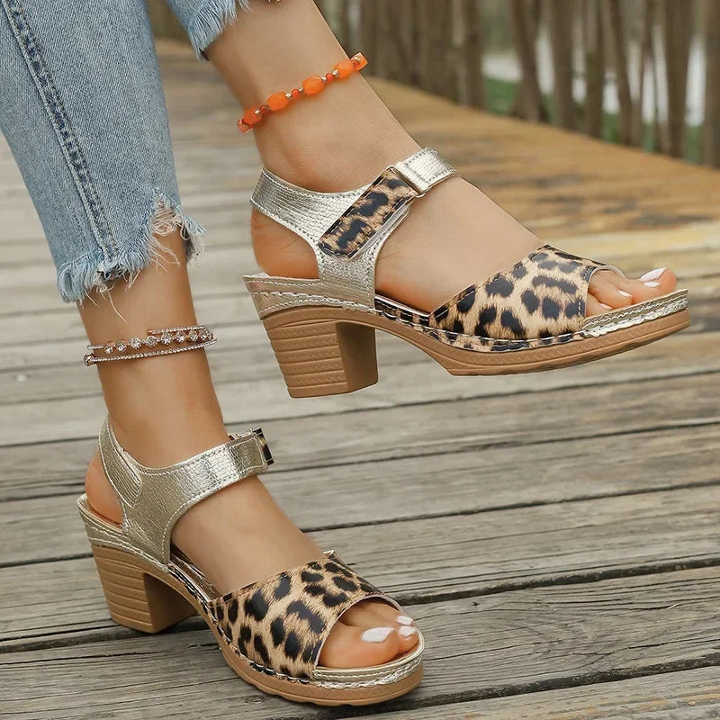 Lightweight Leopard Print Thick Heel Sandals Women Summer High Heels Platform Sandles Woman Ankle Strap Non Slip Beach Sandalias
