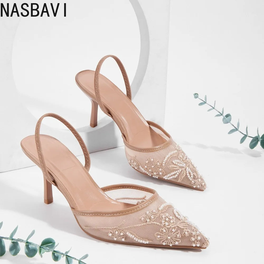 Brand Lace Designer White Women Wedding Pumps Mesh Embroidered Flowers Back Strap Sexy Slingback High Heels Dress Shoes Ladies