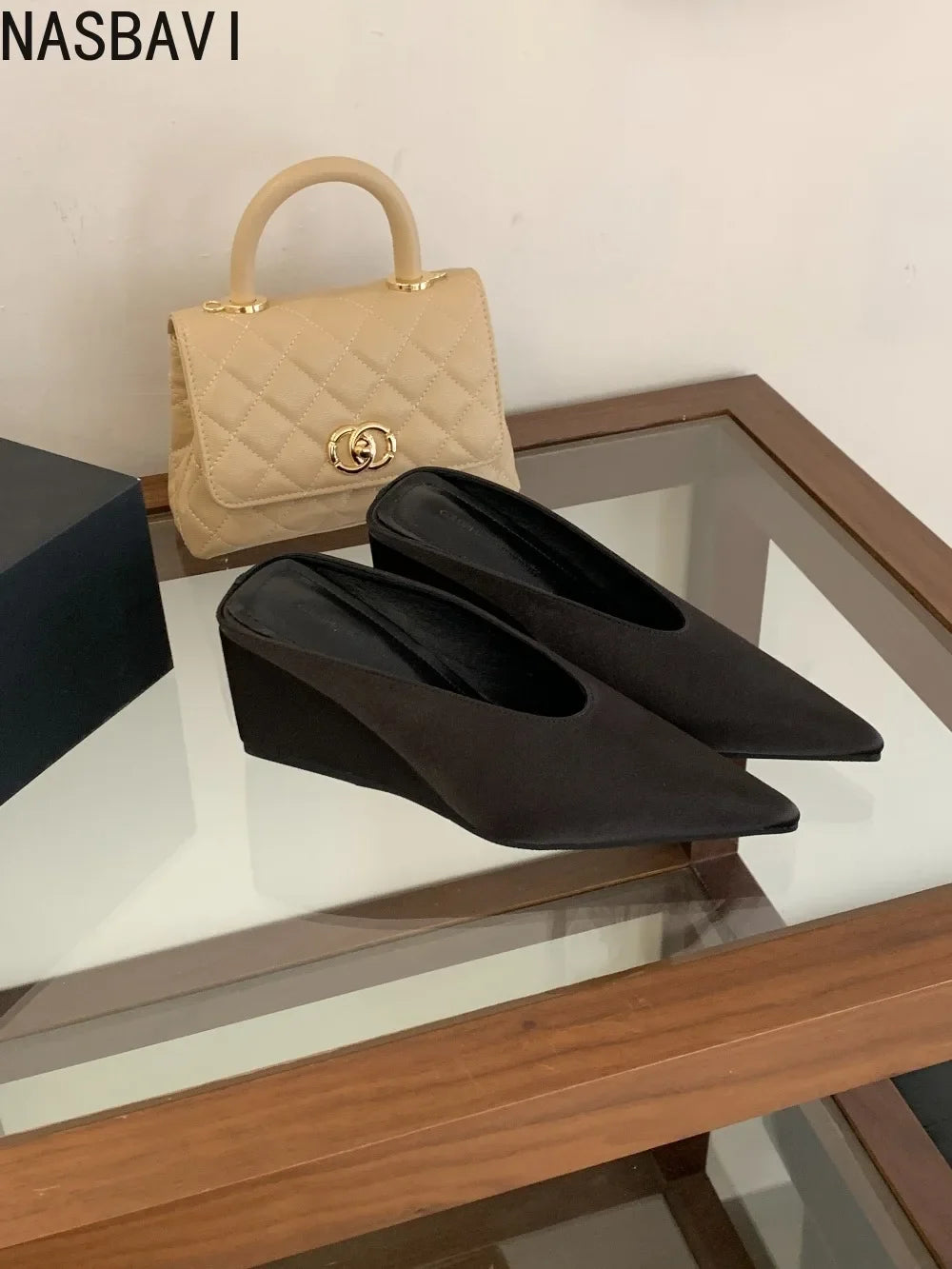 Summer Fashion Wedges Half Slippers Women French Elegant Pointed Toe Suede Leather Party Mule Girls Slides Zapatos Mujer Dress