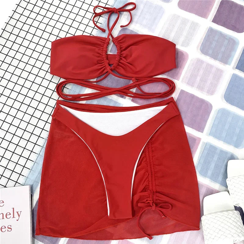 Wrap Around with Mesh Sarong Skirt Bikini Female Swimsuit Women Swimwear Three-pieces Bikini Set Beachwear Bathing Suit Swim