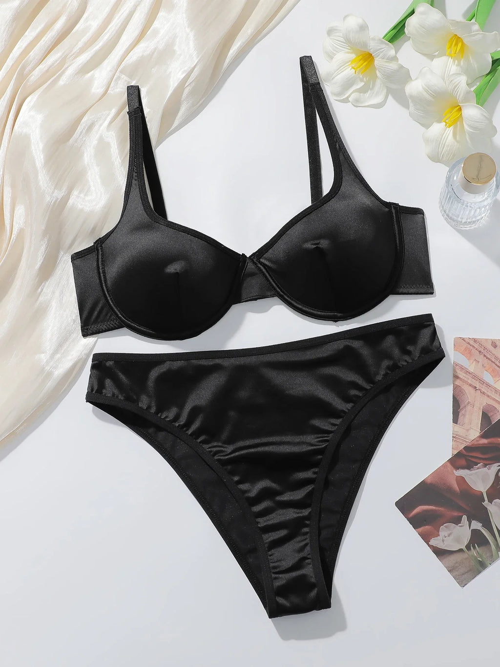 2pcs Luxury Satin Lingerie Set for Women 3/4 Cup High Gloss Silk-like Bra Panty Set Sexy Black Brassiere Underwear MR2938